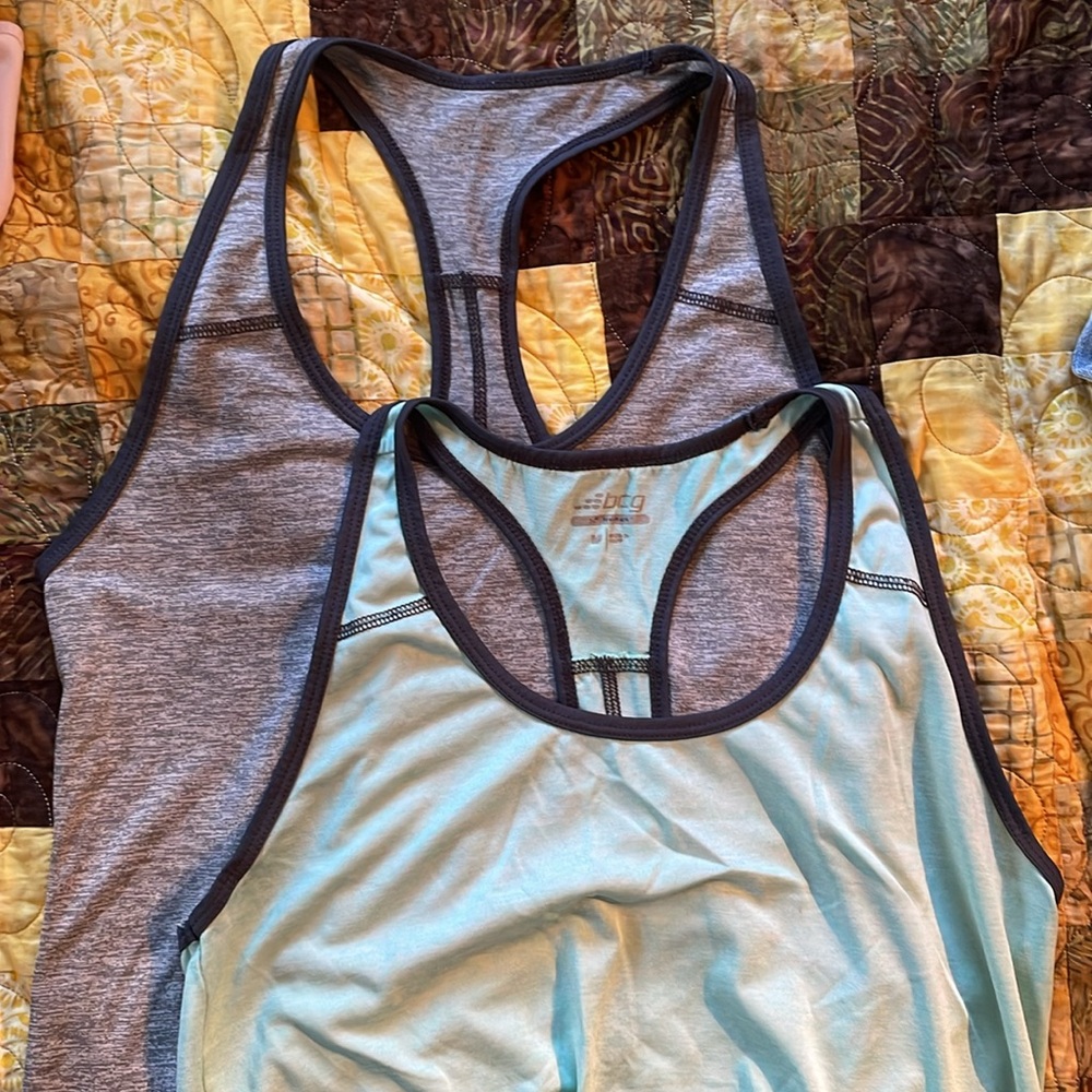 Bundle of BCG light teal and grey athletic racer back tanks